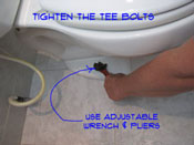 If your toilet is leaking at the base, you may need to tighten the T bolts. Caution needs to be excersised as you do not want the tiolet bolted tight to the floor.